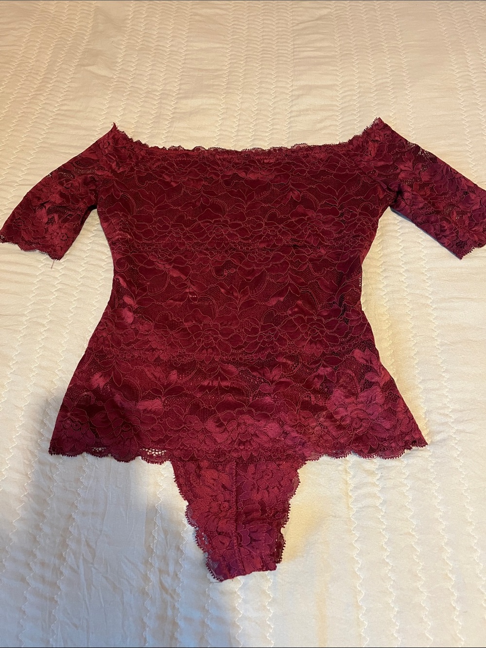 Guess Burgundy Lace Off-Shoulder Bodysuit
